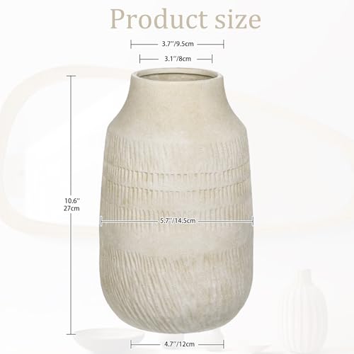 11" Rustic Ceramic Vase with Irregular Flutes Texture & Sand-Grain Surface, Antique Vase for Pampas & Vibrant Flowers, Warm-Toned Style, Beige White - color: 11" Beige White