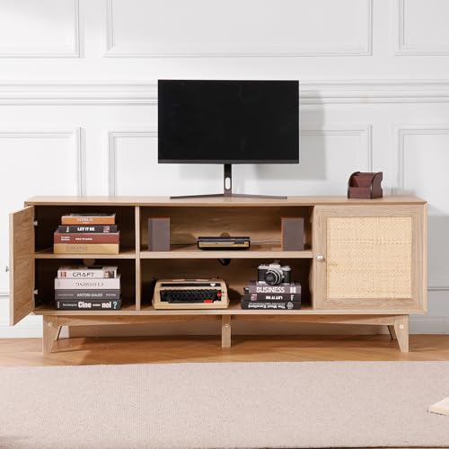 VEVOR Rattan TV Stand, Mid Century Modern TV Stand for 75 inch TV, Boho Rattan TV Cabinet with Build-in Socket and USB Ports, Adjustable Shelfs for Living Room, Media Room, Oak - color: Oak, size: for 75" TVs