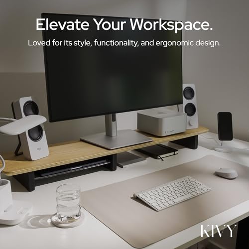 KIVY Dual Monitor Riser with Integrated Metal Shelf - Wooden desk shelf for top of desk - Wood monitor stand for desk 2 monitors / tv - Dual monitor stand riser for desk - Large walnut monitor stand