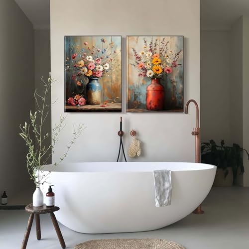 2pcs Framed Canvas Painting Wildflowers Vintage Floral Vase Butterfly Wall Decor For Living Room Bedroom Studio Hallway Country Farmhouse Style Art Poster Ready To Hang 24x16 Inch - color: Yellow White, size: 24"x16"