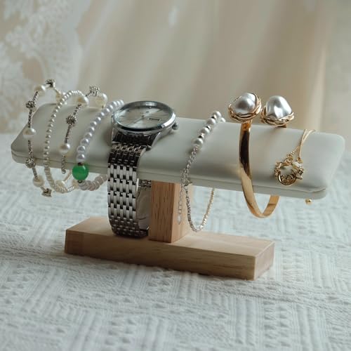 Wooden Watches Display Stands Base Watch Necklace Bracelet Organizer Rack Bangle Scrunchie Headband Showcase Stands Exterior Beige PU - color: Flat PU Beige