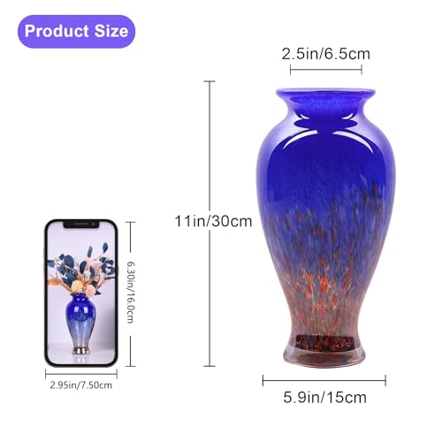 Hand Blown Glass Vase 11.8" Tall Beautiful Dark Blue Sea Wide Mouth Bud Vase for Table Centerpiece, Painted Colorful Murano Glass Flower Vases for - Home Entrance Wedding Center - color: Blue