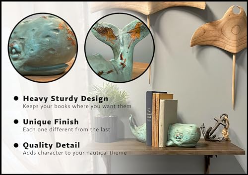 Verdigris Green Sperm Whale Head and Tail Bookends - Decorative Resin Nautical Bookshelf Organizers with Rustic Beach Charm and Unique Maritime Appeal - color: Whale - Green