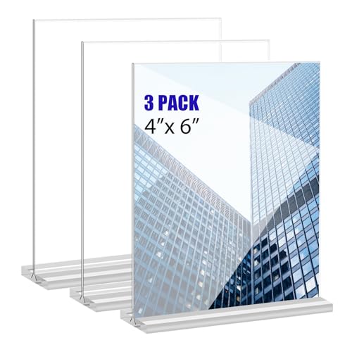 KOOLDE Acrylic Sign Holder 4x6 Inches 3 Pack T Shape Desktop Display Stand Vertical Double Sided Clear Table Menu Flyer Holder for Restaurants, Office, Shop, Wedding - color: 3 pack