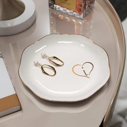 Gifts for Women – Initials Ceramic Jewelry Dish for Earrings, Necklaces, Bracelets, Rings, Watch, and Keys – Mother’s Day, Christmas, and Birthday Gifts for Women (i) - color: i