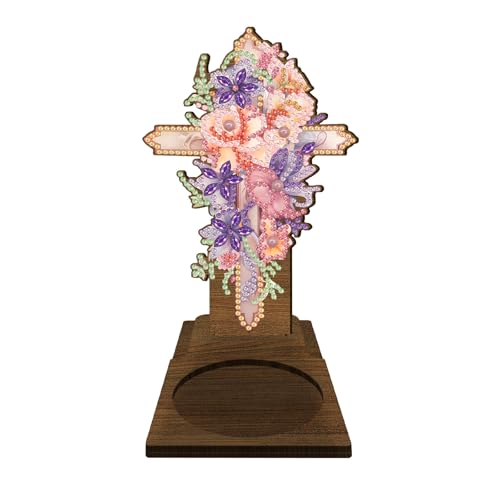 BAYUNOE DIY Candlestick Holders Wooden Desktop Diamond Art Painting Candle Holder Double-Sided Diamond Vintage Modern Decorative for Table Mantel Wedding Dinning Party-Flower Cross02 - color: Flower Cross02