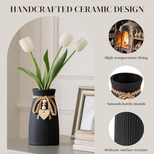 DomeStar Black Ceramic Vase, Small Flower Vase for Pampas Grass, Home, Living Room, Dining Table, Farmhouse, Office Decor, Bedroom, Table, Kitchen Shelf, Minimalist Modern Home Decoration - color: Black