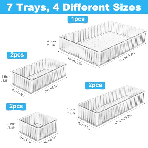 HOTOOLME 7PCS Clear Drawer Organizers Bins, 4 Size Stackable Makeup Drawer Organizer, Desk Plastic Drawer Storage Trays, Bathroom Drawer Storage for Cosmetics, Office Supply, Kitchen Utensils - style: 7 Pack