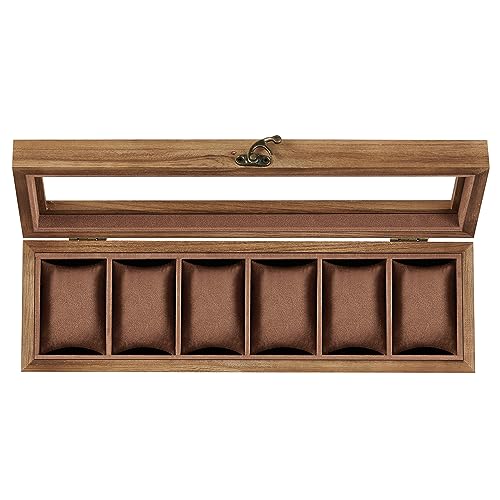 SONGMICS 6-Slot Watch Box, Watch Display Case with Large Glass Lid, Removable Watch Pillows, Velvet Lining, Gift Idea, Rustic Walnut UJOW006K01 - color: Rustic Walnut, size: 1 Layer 6 Slot
