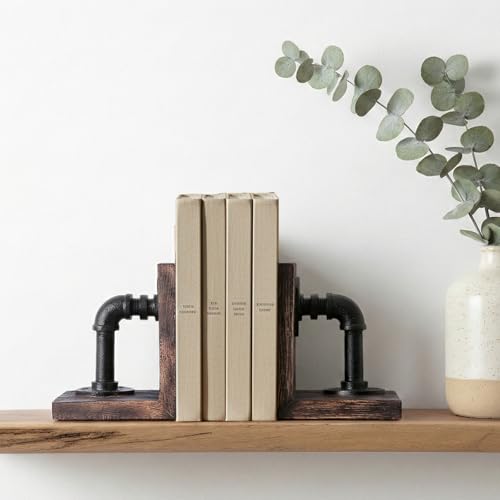 Industrial Decor Book Ends - Steampunk Decor Book Ends for Shelves, Resin Book Ends for Heavy Books, Mens Office Decor Bookends for Shelves, Unique Vintage Pipe Decorative Bookends - color: Black Brown