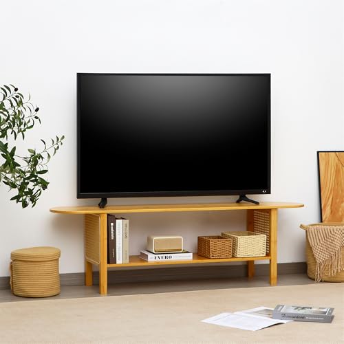 Bamboo TV Stand for TVs up to 65", Accent Entertainment Center with Storage, Media Console Table with Rattan, Modern TV Stand for Living Room, Bedroom, 55"(L), Burlywood - color: Burlywood Rattan