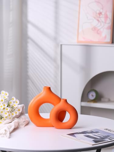 Modern Donut-Shaped Decorative Vases, Handmade Minimalist Boho ins Style, Modern Vase for Home Decor for Wedding Dinner Table Party Living Room Office Bedroom (Orange, Large + Small) - color: Orange, size: Large + Small