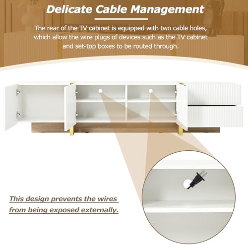 ON-TREND Luxury Fluted TV Stand for TVs Up to 80'', Modern Entertainment Center with Storage Cabinets & Drawers, Smooth Media Console with Golden Wood Grain Legs for Living Room, White - color: White4