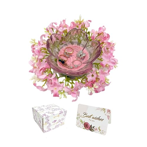 Mini Flower Ring Plate Jewelry Storage Tray Ring Holder for Dressing Table, Bedside Table, Room Bathroom Decoration, Cute Valentine's Day Christmas Birthday Gift for Women (pink flower) - color: pink Jewelry Tray and Flower Base