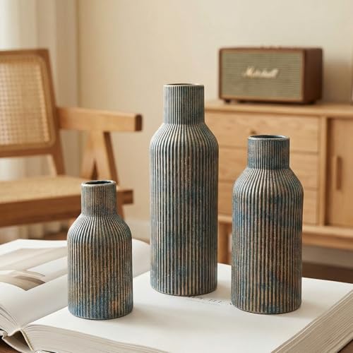 Ceramic Ribbed Vase Set of 3, Modern Farmhouse Decorative Vases in Vintage Blue, Assorted Sizes (5.9"/7.8"/9.8") for Pampas Grass, Living Room, Shelf and Table Centerpiece - color: Vintageblue