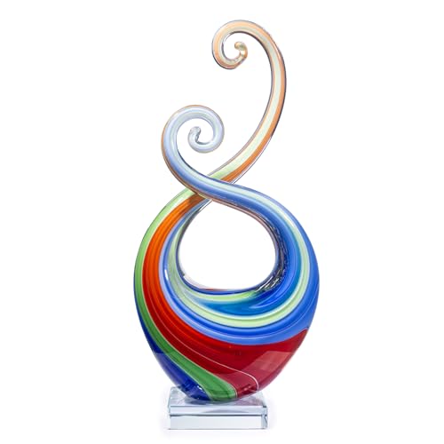 14″ Hand Blown Glass Decor - Murano Style Art Glass Sculpture - Weatherproof Multicolor Swirled Abstract Cameo Glass Artwork for Indoor Outdoor Use - Giftable Art Piece - color: Vibrant
