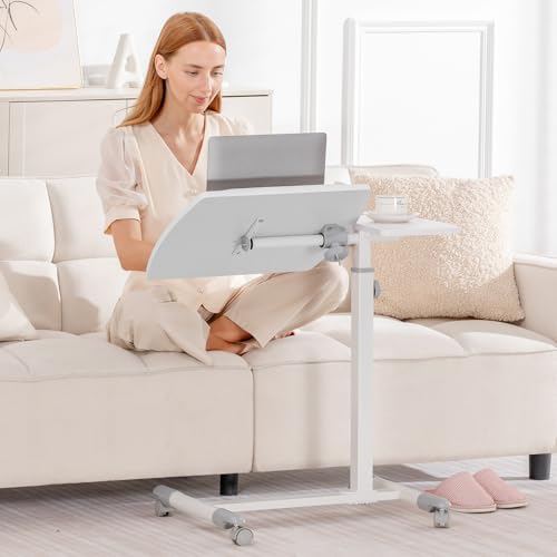 GTPLAYER Mobile Small Standing Desk, Tiltable Sit Stand Portable Rolling Laptop Desk with Lockable Wheels, Adjustable Height Overbed Bedside Table Computer Workstations, White - size: 28x16in (Tiltable)