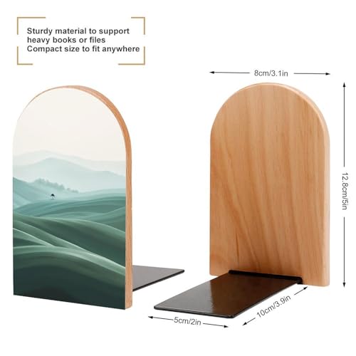 Abstract Landscape Wooden Bookends Shelves 2 PCS Rolling Hills Clear Sky Minimalist Design Sturdy Book Holders Desktop Organizer for Home Office Libraries - color: Color-4