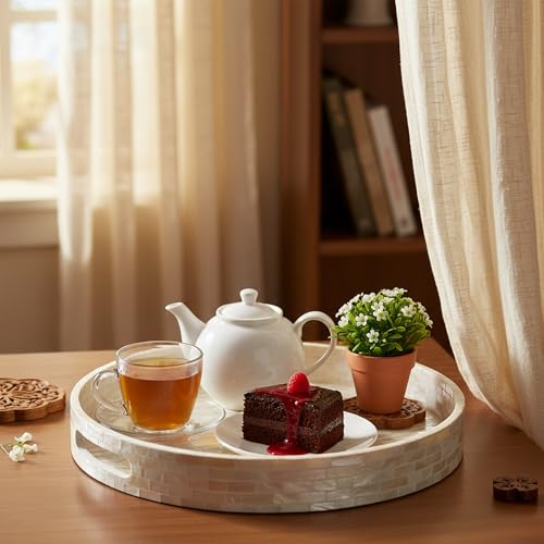 PEMAR 12.6” Mother of Pearl Round Serving Tray with Handles, Decorative Nacred Wooden Ottoman Coffee Table Tray (White Tiles) - color: White