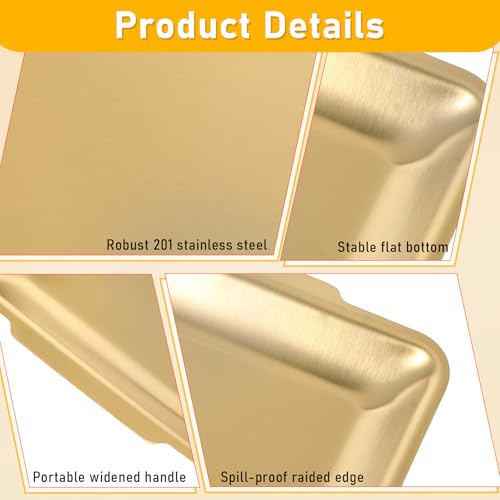 4 Pcs 304 Stainless Steel Food Serving Tray Gold, 12.6×6.3×0.6 Inch Thickened Chassis Rectangular Large Stainless Steel Serving Platter for BBQ Party Buffet Picnic Appetizer