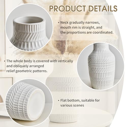 Boho White Ceramic Vase, 8.7" Textured Flower Vase for Home Decor, Minimalist Table Centerpiece for Living Room, Office, Bedroom (White Vase) - color: White Vase