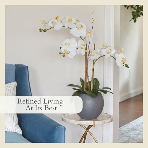 CG Hunter Faux White Orchid Plant, Premium Artificial Indoor Flower Display Stands 25-Inches with Beautiful Sculptural Blooms and Foliage That Lasts Forever, Grey Planter Pot Included - size: 25" White Double Stem