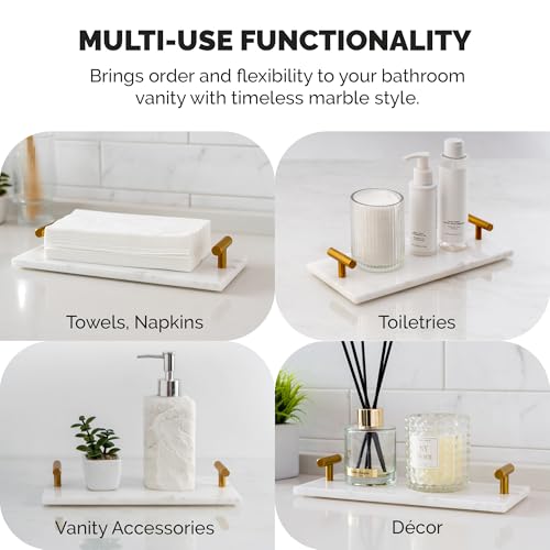 Marble Guest Towel Tray – Luxury Countertop Napkin Holder for Bathroom & Vanity, Real Natural Stone with Brass Handles, Includes Marble Care Cloth