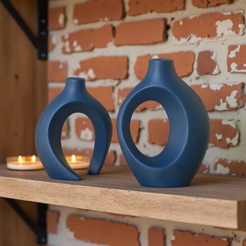 Lvases Snuggle Hollow Ceramic Vase Set of 2, Nordic Modern Boho ins Style Ceramic Aesthetic Flower Vases for Home Decor Living Room Coffee Table Decorative (Matte Navy Blue W 6.3" X H 8.4") - color: Large Navy Blue