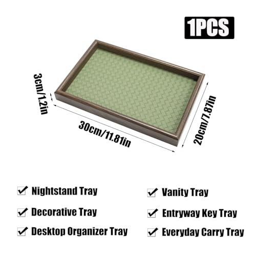 Wooden Valet Tray with Leather Base, EDC Catch All Tray Nightstand Entryway Table Vanity Organizer 11.8x7.9, Green - color: Green