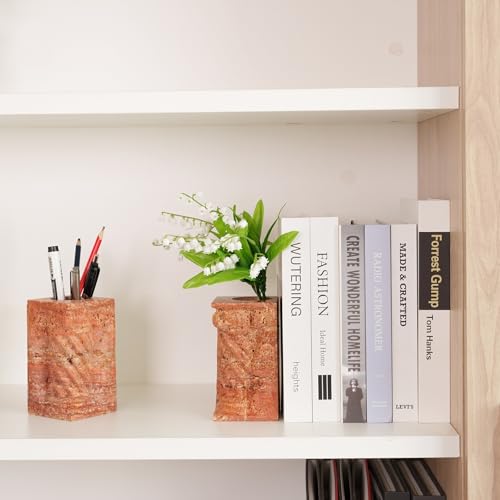 Decorative Roman Column Book Ends & Vase - Heavy Duty Marble Book Ends for Heavy Books, Vintage Home Office Decor, Dual Use as Flower Vase, Natural Stone Bookends for Shelves (2PC, Red) - style: Classical -Red