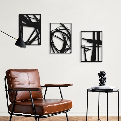 Pinetree Art Abstract Metal Wall Art Decor, 3 Pack Modern Wall Art, Minimalist Line Art Décor, 3D Textured Sculptures for Living Room Bedroom Bathroom (Black 11" x 16") - size: M(11"x16"x3pcs)