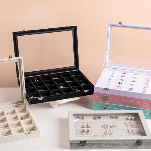 Frebeauty Jewelry Organizer Tray with Clear Lid 24 Grid Velvet Drawer Insert Jewelry Storage box with Transparent Glass lid Jewelry Display Case with Lock Gifts for Girls Women (White, 24 Grid) - color: White, size: 24 Slots