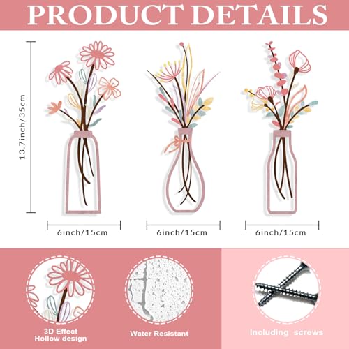 Pigort 3 Pieces Metal Flowers Wall Arts - Rustic Farmhouse Style Décor Metal Wall Art Black Minimalist Flower Natural Themed Wall Decors for Home Bedroom Dining Room Housewarming (Pinkish) - color: Pinkish