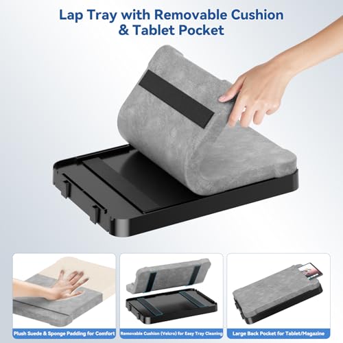 Lap Tray with Cushion Plastic Lap Desk with Cushion 15.5”Large Breakfast in Bed Tray with Removable Cushion & Cup/Phone Holder, Lap Table with Laptop Pocket for Couch TV Adults Eating Gaming Black