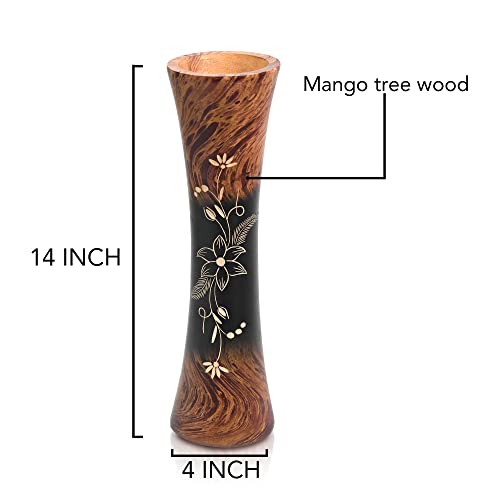 AeraVida 14-Inch Mango Wood Jasmine Flower Carved Brown Vase Cylindrical Home Decor Accent for Tabletop Arrangements Handmade Rustic Indoor Display for Dried or Silk Flowers