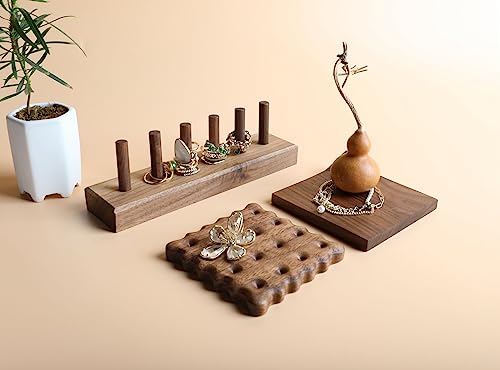 GemeShou wood ring storage jewelry organizer for woman, jewelry ring holder with 6 cones for jewelry selling, cute small ring display stand【Ring organizer-6 cones】 - color: Brown