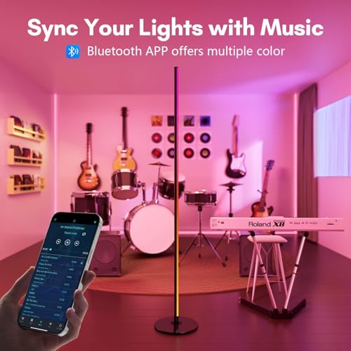 luckystyle Smart RGB+IC Corner Floor Lamp,Bright LED Tall Modern Floor Lamp with APP and Remote,Ambient Lighting Color Changing Standing Lamps with Music Mode and Timing for Living Room,Bedroom,Party
