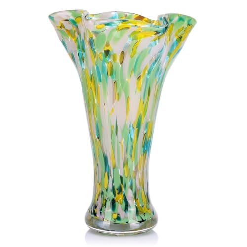 9.1H Murano Hand Blown Glass Vase, Ruffled Scalloped Rim Trumpet Shape, Wide Mouth Colorful Decorative Glass Vase, Sculptural Art Centerpiece for Living Room Table, Bathroom, Office Shelf (Green) - color: Green