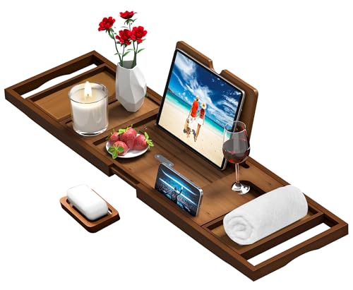 Premium Bathtub Tray Caddy - Bath Table Tray for Bathtub - Bath Tub Tray Table for Bathtub, Expandable Size, Fits Most Bath Tubs - color: Vintage Brown