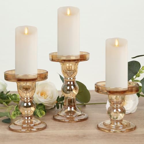 Efavormart Set of 3 Amber Gold Premium Glass Pillar Candle Holders with Round Candle Tray, Crystal Ball Stem Taper Candlestick Stands Tea Light Holders with Stable Base - 3.5",4.5",5.5" - color: Type10