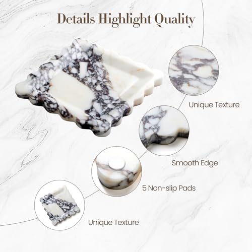 SAMAH Calacatta Viola Natural Marble Tray, Scalloped Storage Dish, Luxury Decorative Trays for Bathroom, Vanity, Dresser, Kitchen & Home Decor, Valentine's Day House Warming Gifts New Home (Square) - size: 7.8" x 7.8" x 0.7"