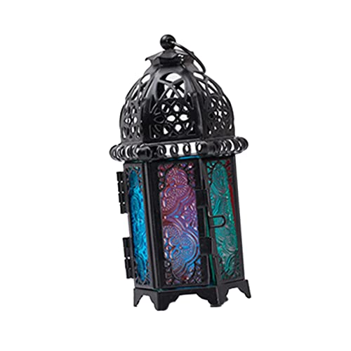 Vintage Iron and Glass Candle Lantern Colorful Decorative Holder for Events Parties and Weddings Black Frame for Indoor and Outdoor Decor - size: 16.00X6.00X6.00CM
