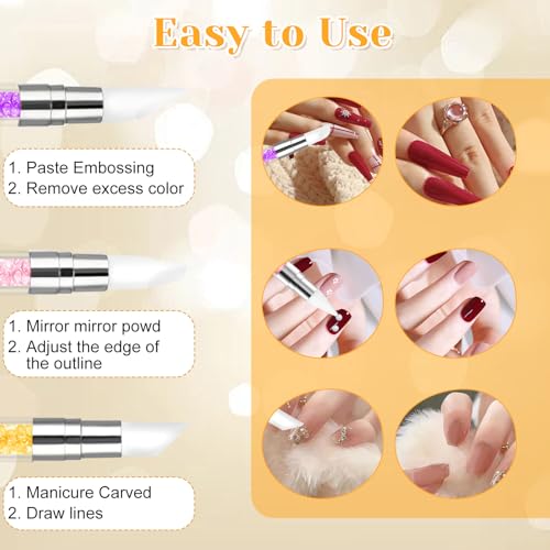 3 Pcs Nail Art Sculpture Pen, Dual Tipped Silicone Nail Tools, Silicone Head Acrylic Handle Nail Art Brushes, Rhinestone Nail Polish Carving Pen, Nail Art Tools for Home Salon(Yellow, Pink, Purple) - color: Yellow, Pink, Purple
