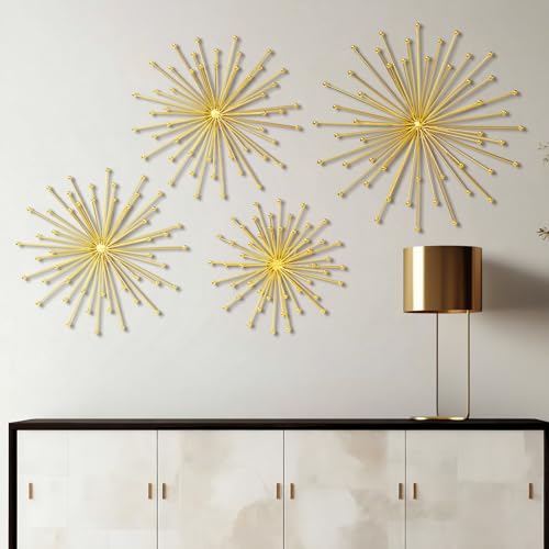 Shimeyao 4 Pcs Metal Starburst Wall Decor Gold Metal Wall Art 3D Spike with Orb Finish Star Burst Hangings Accents Sculptures Set Modern Mid-Century Decorations for Living Room Bedroom Entryway - color: Gold, style: Spike with Orb