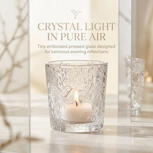 12 Pack Hummingbird Embossed Glass Candle Holders – Votive Tealight Holders with Patent Design, Decorative Embossed Glass Cups for Wedding Centerpieces, Parties, and Home Décor (Crystal Clear) - color: Crystal Clear