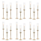 NUPTIO Candle Holders for Table Centerpiece: 18 Pcs 23.6 & 21.7 & 19.7 in Tall Gold Hurricane Candlesticks Holder with Glass Cylinder Cover Bulk Taper Candles Sticks Stand for Thanksgiving Party Decor - size: 23.6 & 21.7 & 19.7 in