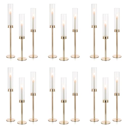 NUPTIO Candle Holders for Table Centerpiece: 18 Pcs 23.6 & 21.7 & 19.7 in Tall Gold Hurricane Candlesticks Holder with Glass Cylinder Cover Bulk Taper Candles Sticks Stand for Thanksgiving Party Decor - size: 23.6 & 21.7 & 19.7 in