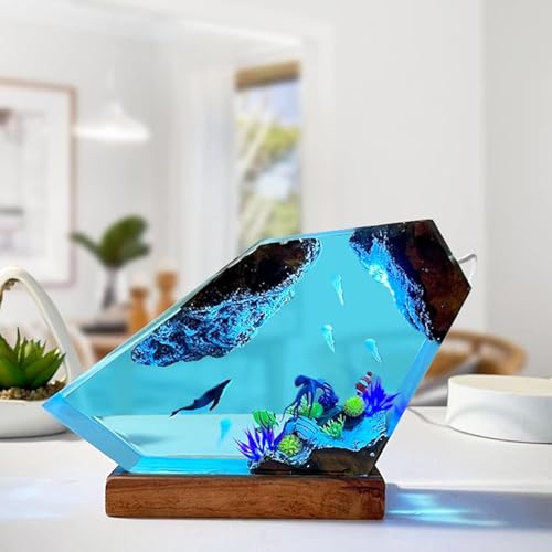 Ocean Creative Epoxy Resin Wood Light Lamp, Handmade Multi Color Aquatic Ocean Lamp Deep Sea Diver Cave Diving Enthusiasts Led Night Light Desktop Decor Christmas Birthday Gift (Jellyfish, S) - color: Jellyfish