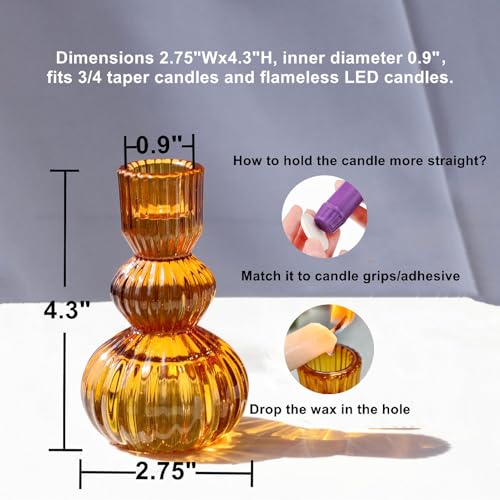 Woho Amber Taper Candle Holders 4.3" H for Halloween/Thanksgiving Decorations, Set of 3 Ribbed Glass Candlestick Holders Vintage for Fall Wedding, Boho Candle Sticks Holder Decor for Dining Table - color: Amber