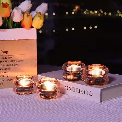 Woho Smoke Grey Votive Candle Holders Set of 6, Vintage Ribbed Tealight Candle Holder for Daily Home Decor, Classy Tea Light Candle Holder Glass for Living Room Table Decor(Grey, 2.1" H X 2.75" D) - color: Gray